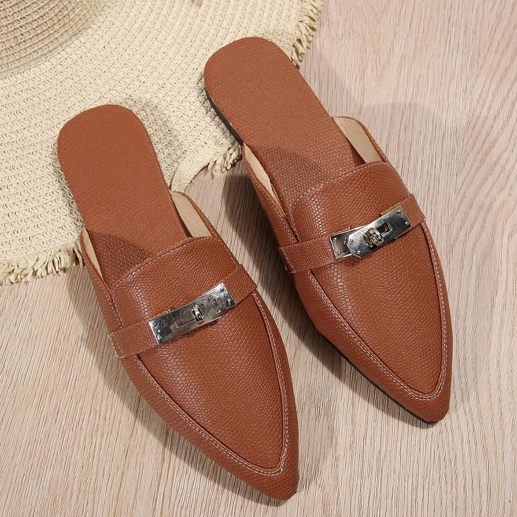 Light brown women's pointed-toe low heel slippers with PU upper and rubber sole