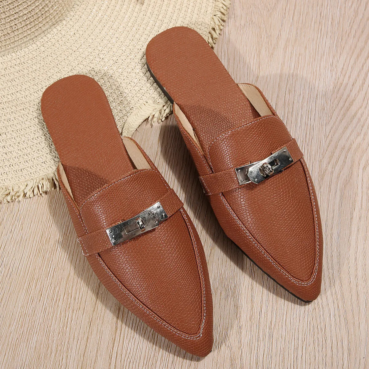 Light brown women's pointed-toe low heel slippers with PU upper and rubber sole