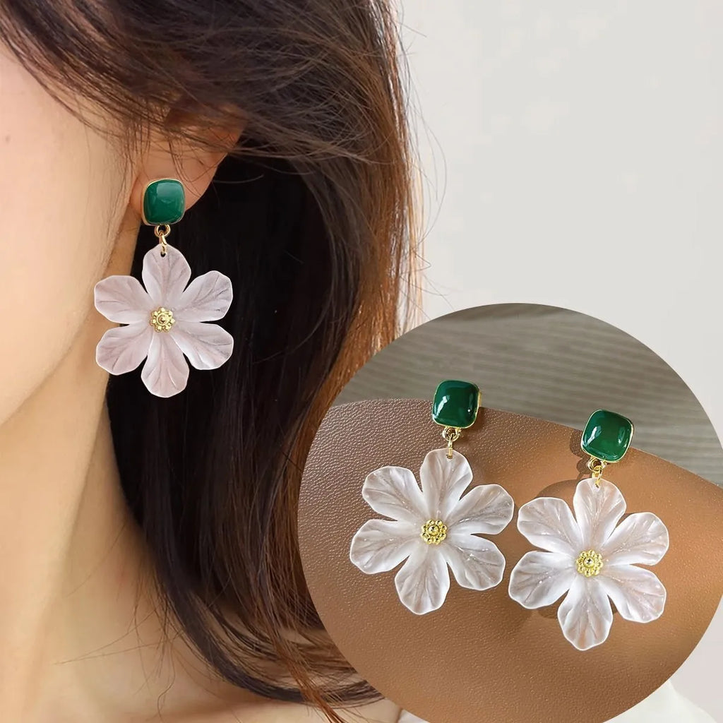 Dark green alloy drop earrings with sterling silver needle flowers design for women