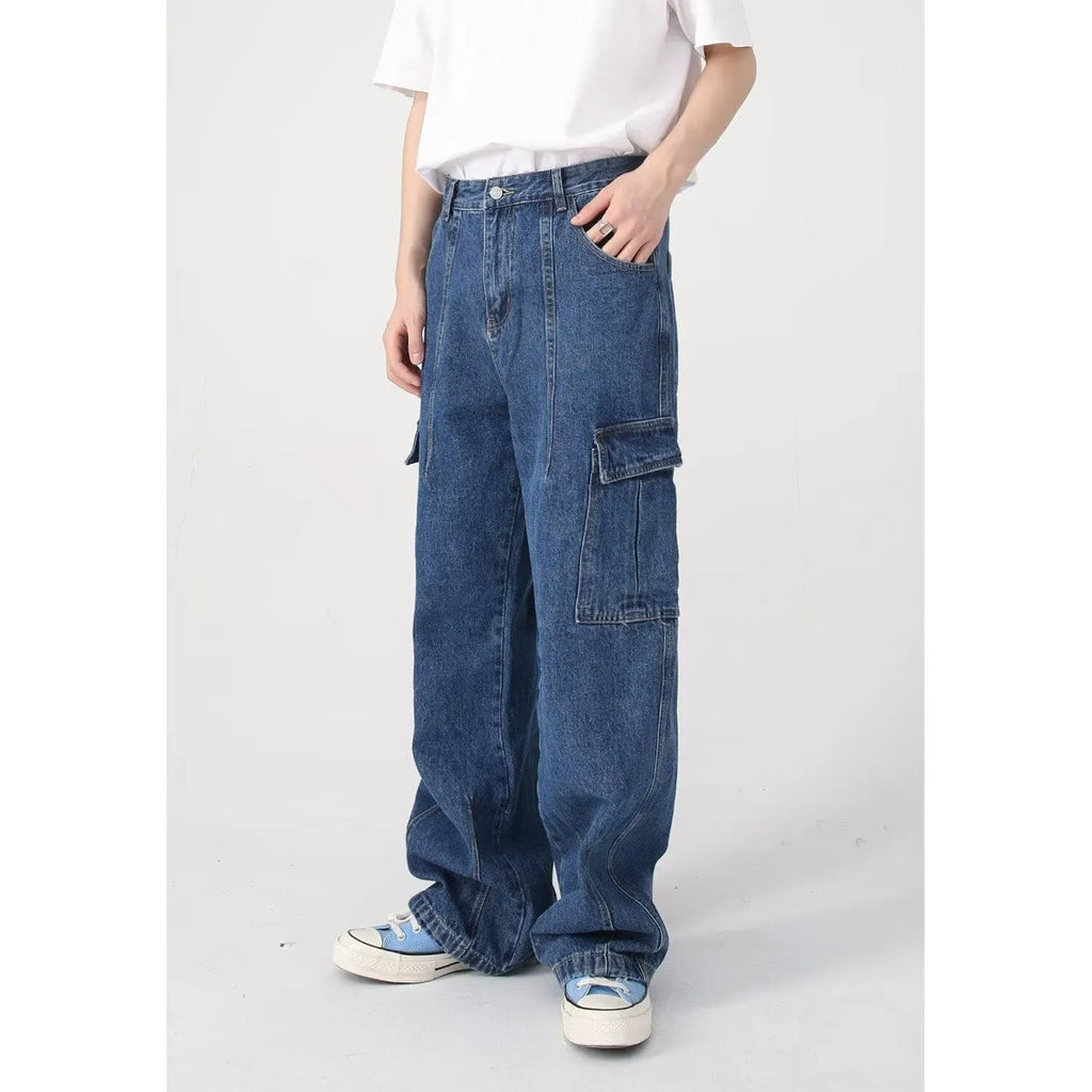 American retro loose straight leg cotton denim workwear jeans in blue with zipper fly