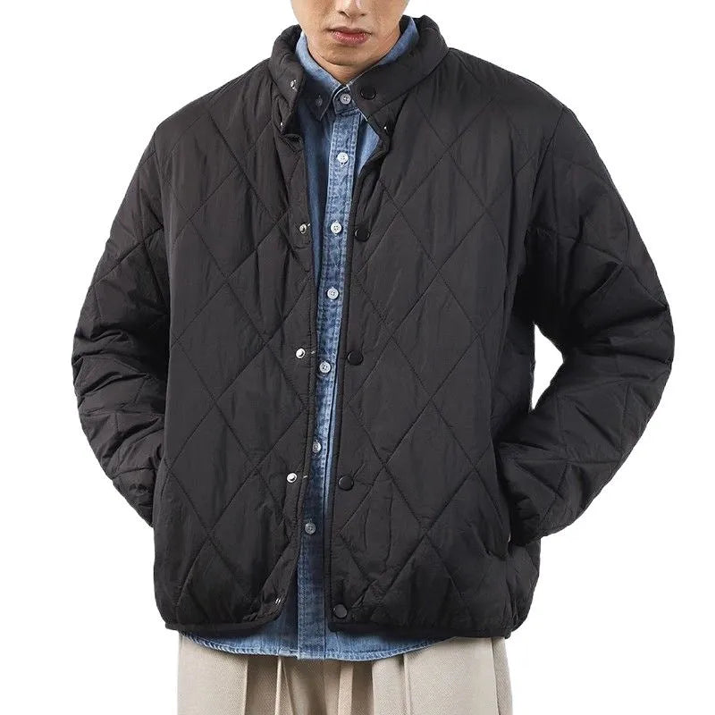Men's black thickened winter jacket with diamond lattice pattern and lengthened 100cm design for urban commuting