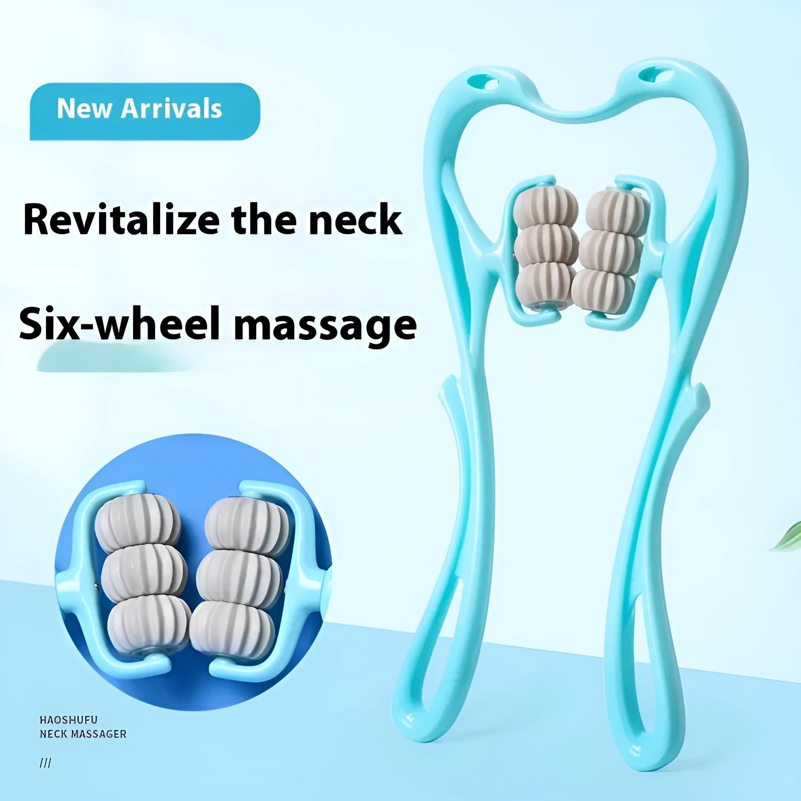 Blue plastic handheld massager with six rotating wheels and an ergonomic handle for neck, shoulder, and waist use.
