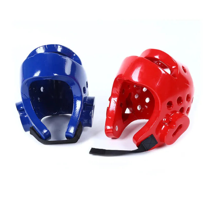 Complete martial arts protective gear set with red leg guards, helmet and boxing gloves