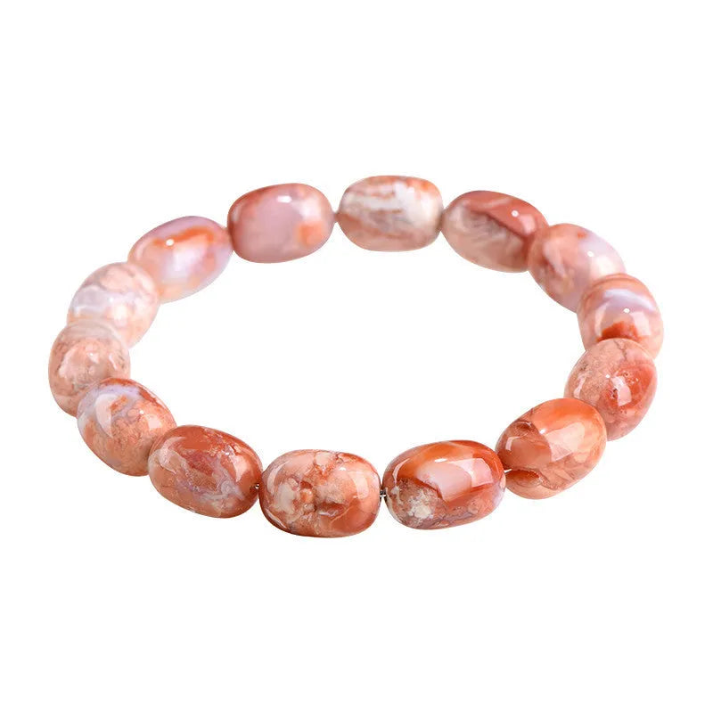 Natural cherry blossom coloured agate barrel bead bracelet with a Ruyi charm.