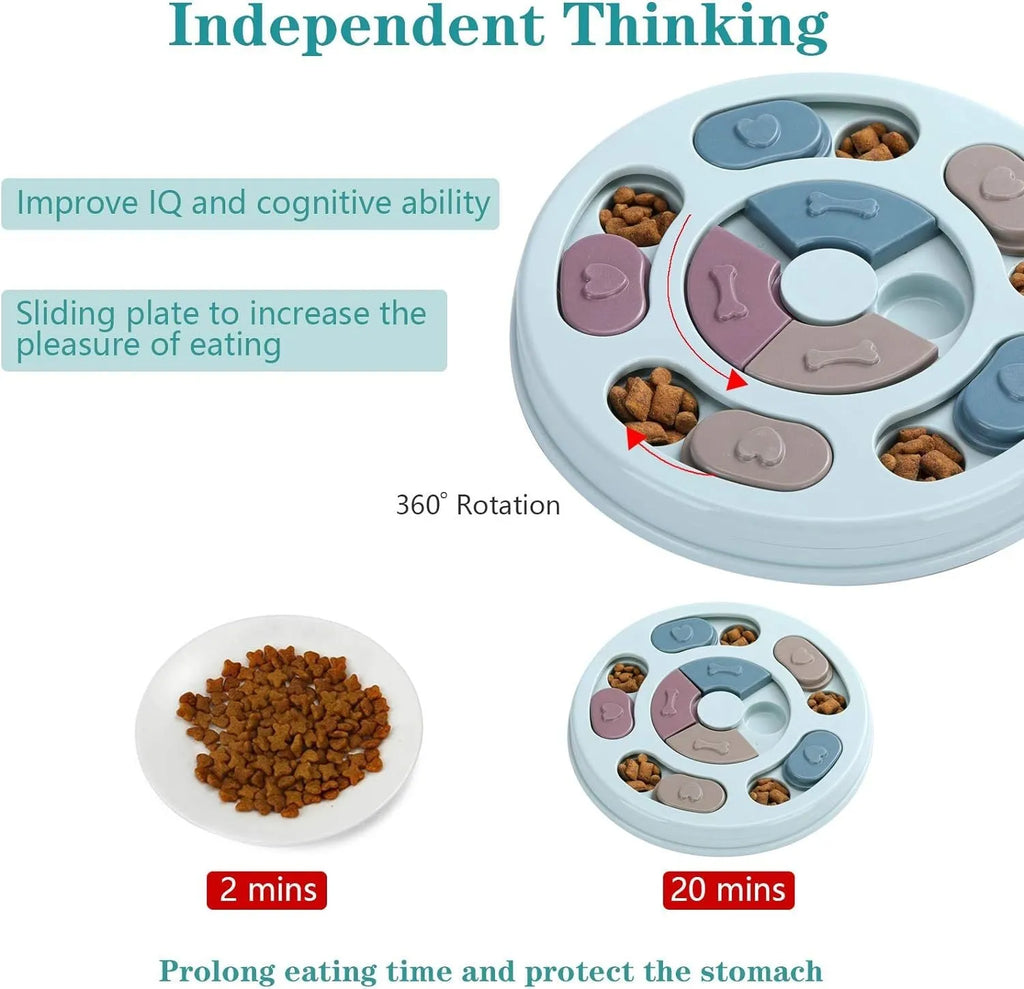 Blue dog puzzle toy with sliding parts on a wooden floor, suitable for small dogs and cats