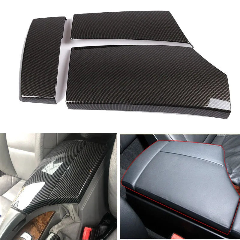Three ABS carbon fibre pattern armrest box protective covers showing diagonal weave pattern and buckle installation system