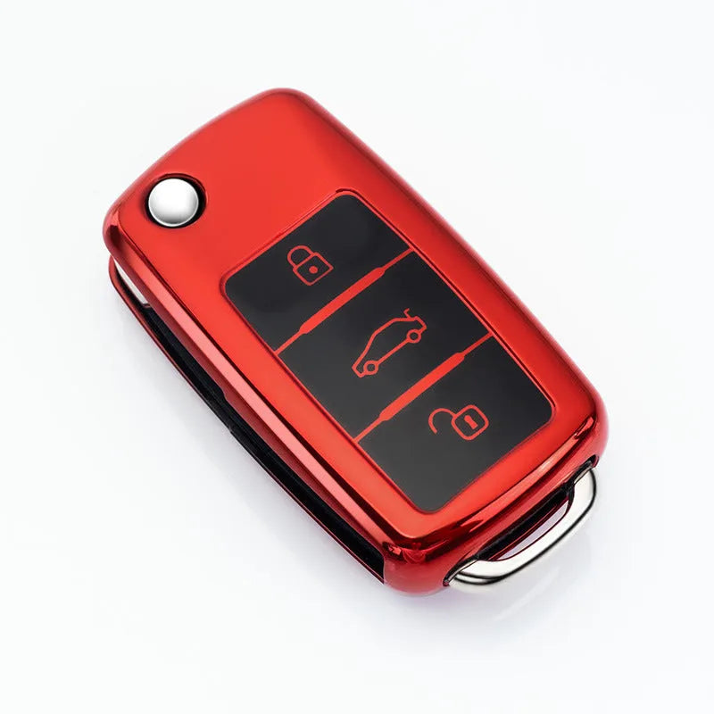 VW Model A folding 3-key TPU case shown in four colour options: aurora silver, gem blue, rose pink and vitality red