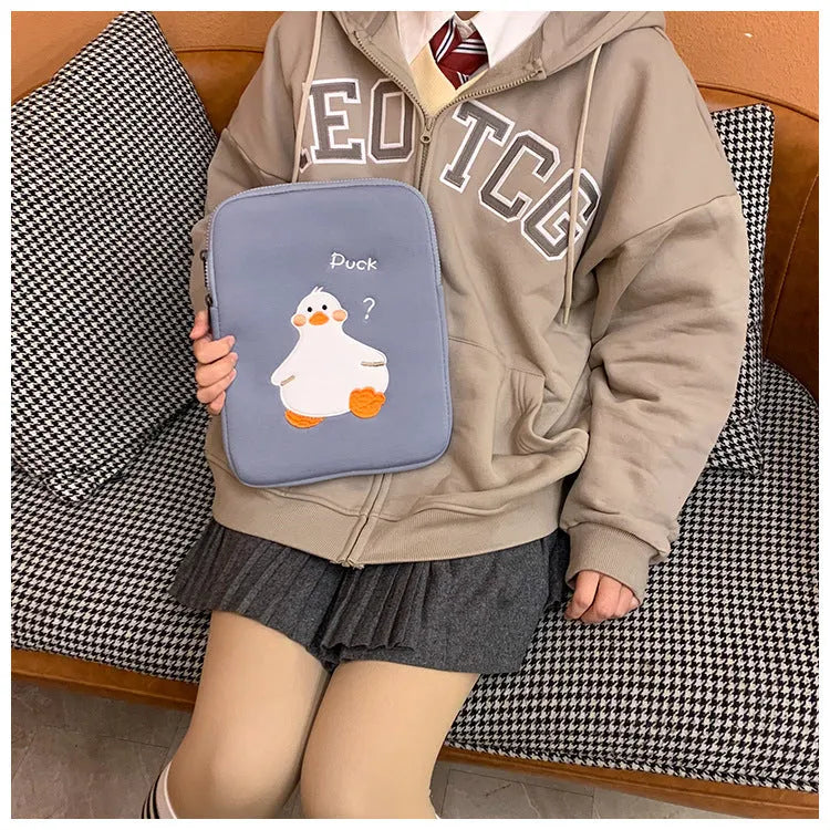 Blue cotton tablet case with cartoon duck embroidery and zipper closure for 11-16 inch devices