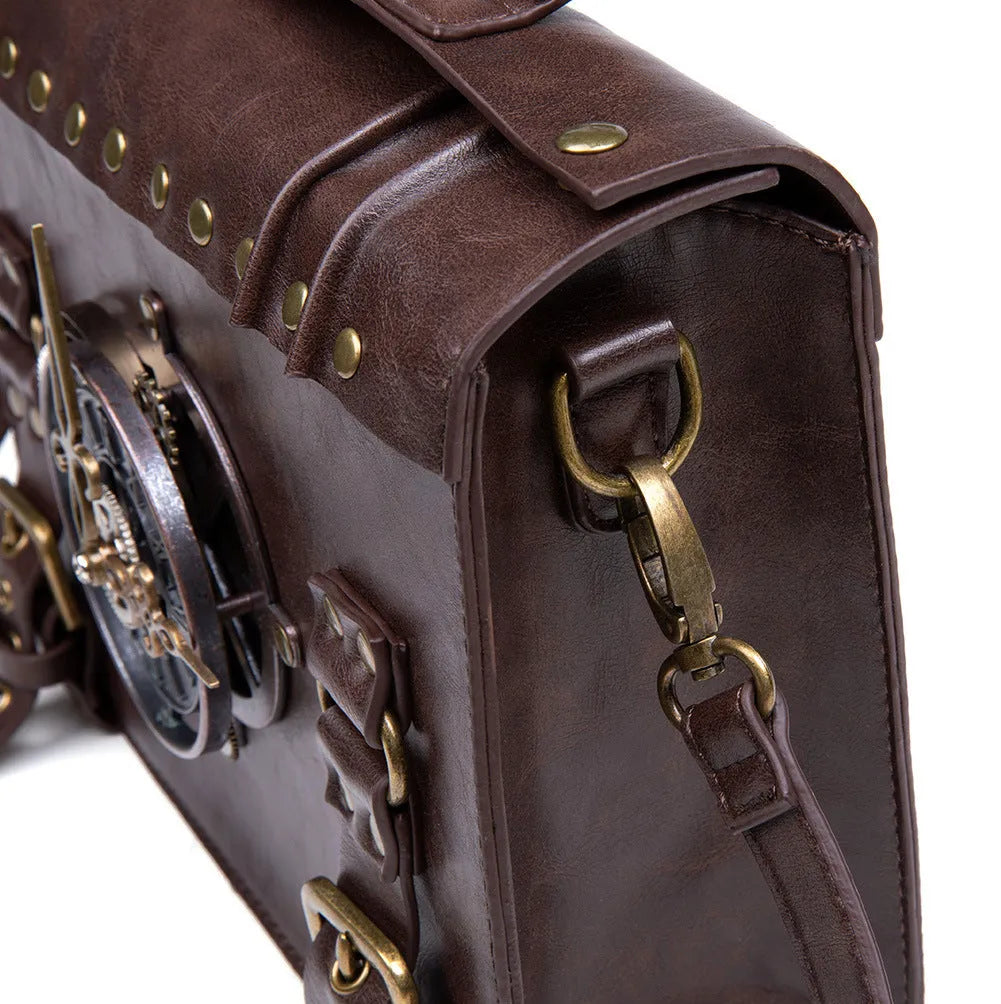 Bronze steampunk pillow shoulder bag with metal details on a horizontal square shape