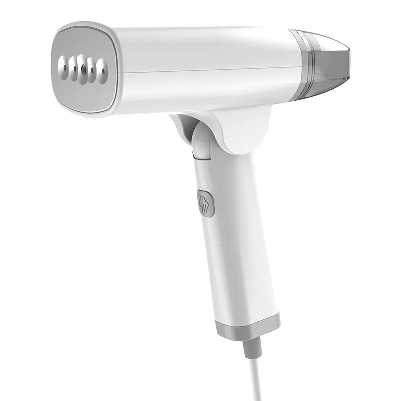Blue and white handheld garment steamer with water tank and temperature control