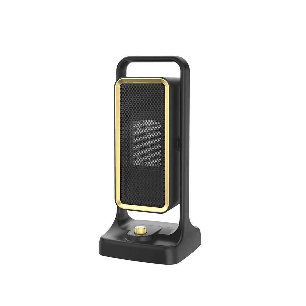 Black PTC ceramic desktop air heater measuring 14.9 x 11.1 x 33.5 cm