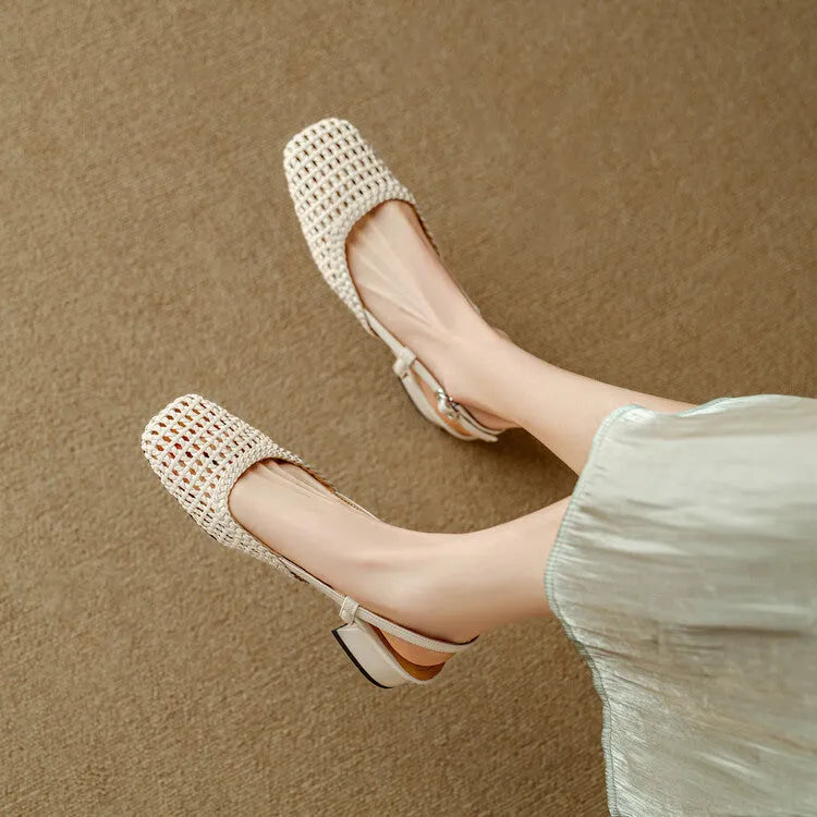 Women's beige woven hollow-out closed toe sandals with a square toe, buckle fastening, and chunky 4cm rubber heel.