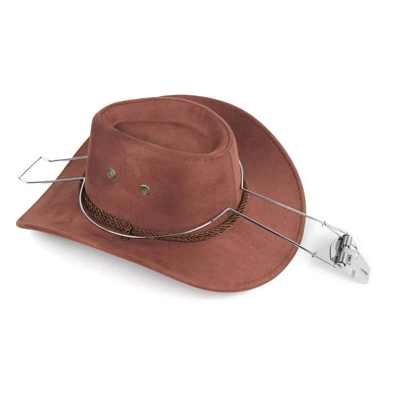 Brown car hat stand with a chrome metal coat hook for organising hats and coats inside a vehicle.