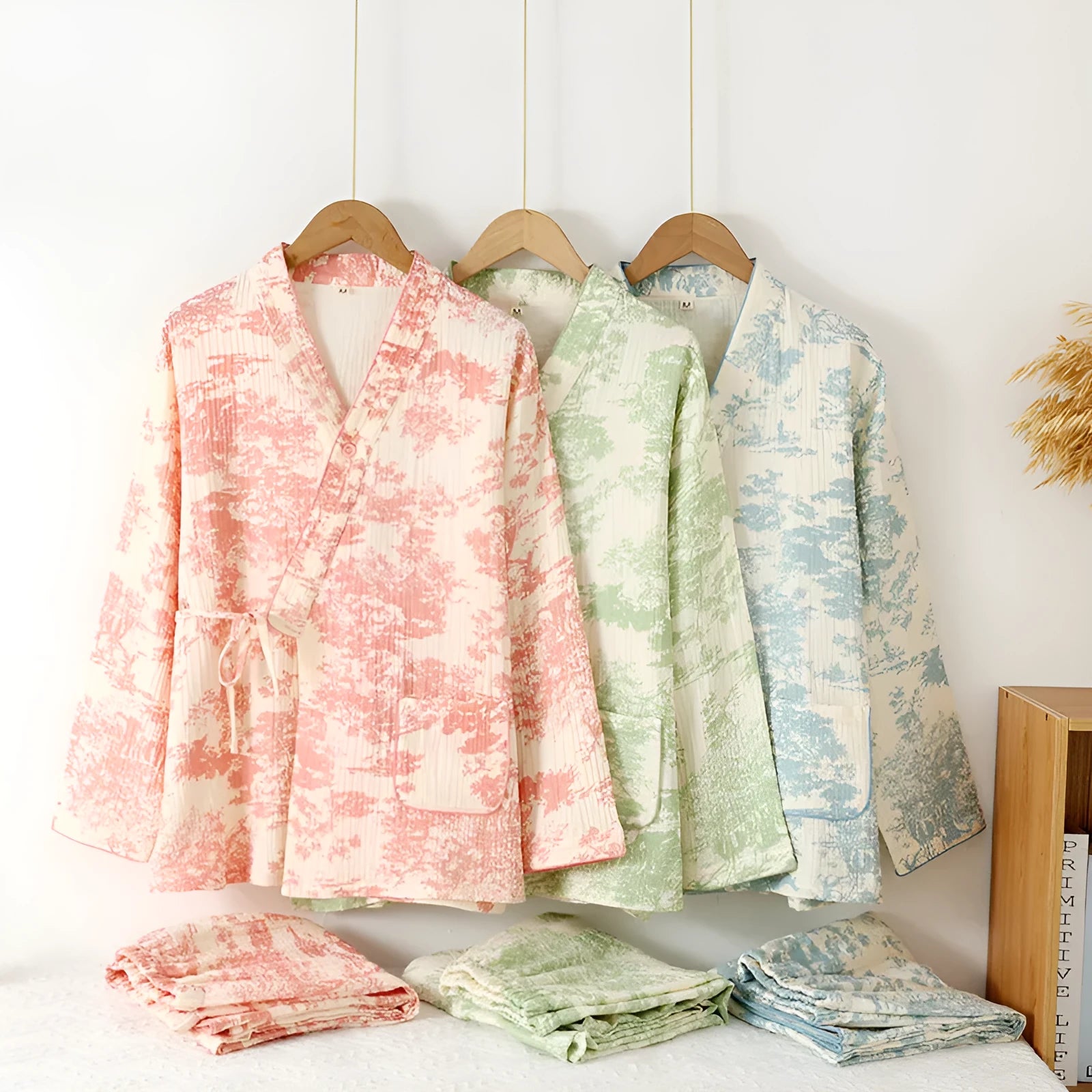 Women's pure cotton gauze long sleeve trouser set in frosted pine tree colours