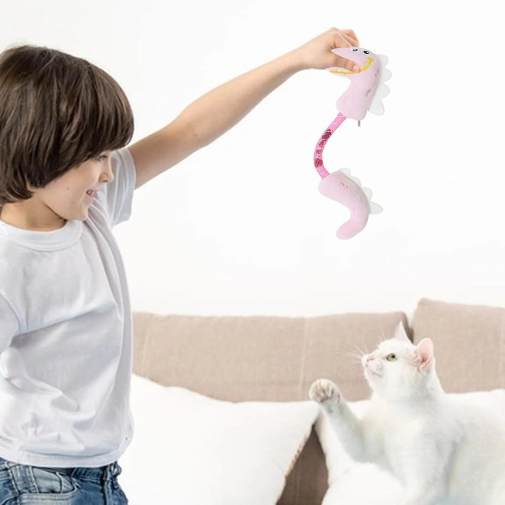 Set of four cat toys including rope toy, kicker toys, plush chew toys and cat springs in pink, purple and yellow