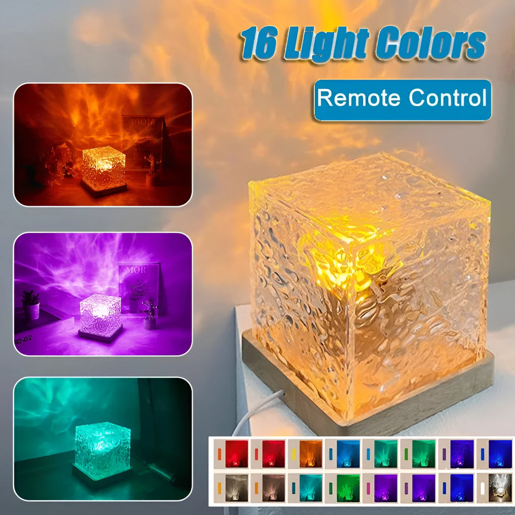 LED water ripple night light with 16 colours, USB cable, and remote control on a bedside table