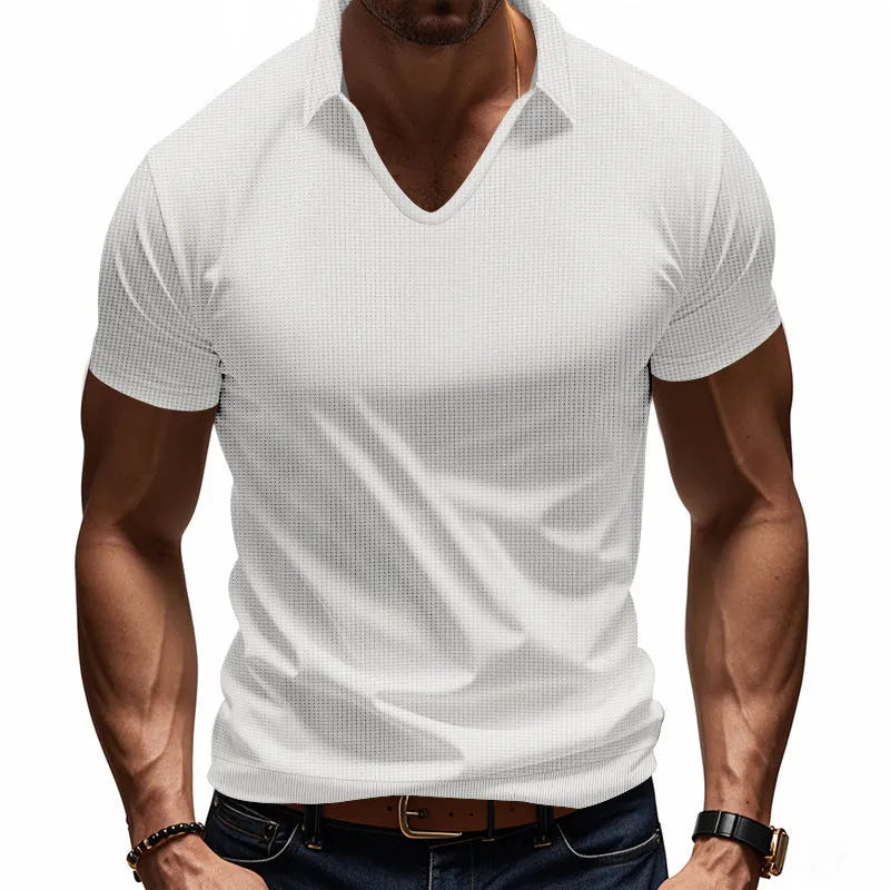 Men's light grey V-neck loose-fit short sleeve t-shirt on a hanger