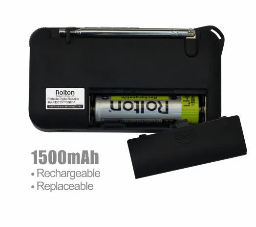 Golden Rolton W405 portable FM radio and MP3 speaker with LED display and control buttons.