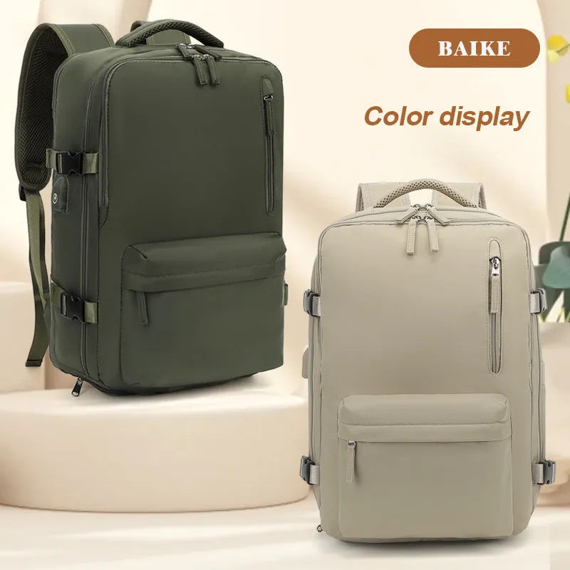 Large waterproof oxford cloth travel backpack with curved shoulder straps in light grey colour