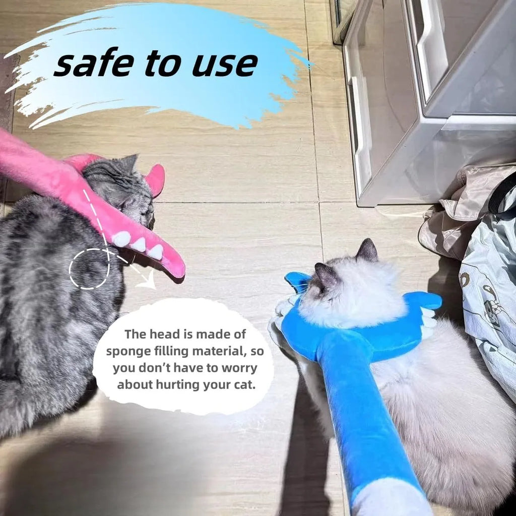Blue plush cat wand toy with Chikawa cat head on a 70 cm long stick for interactive pet play.