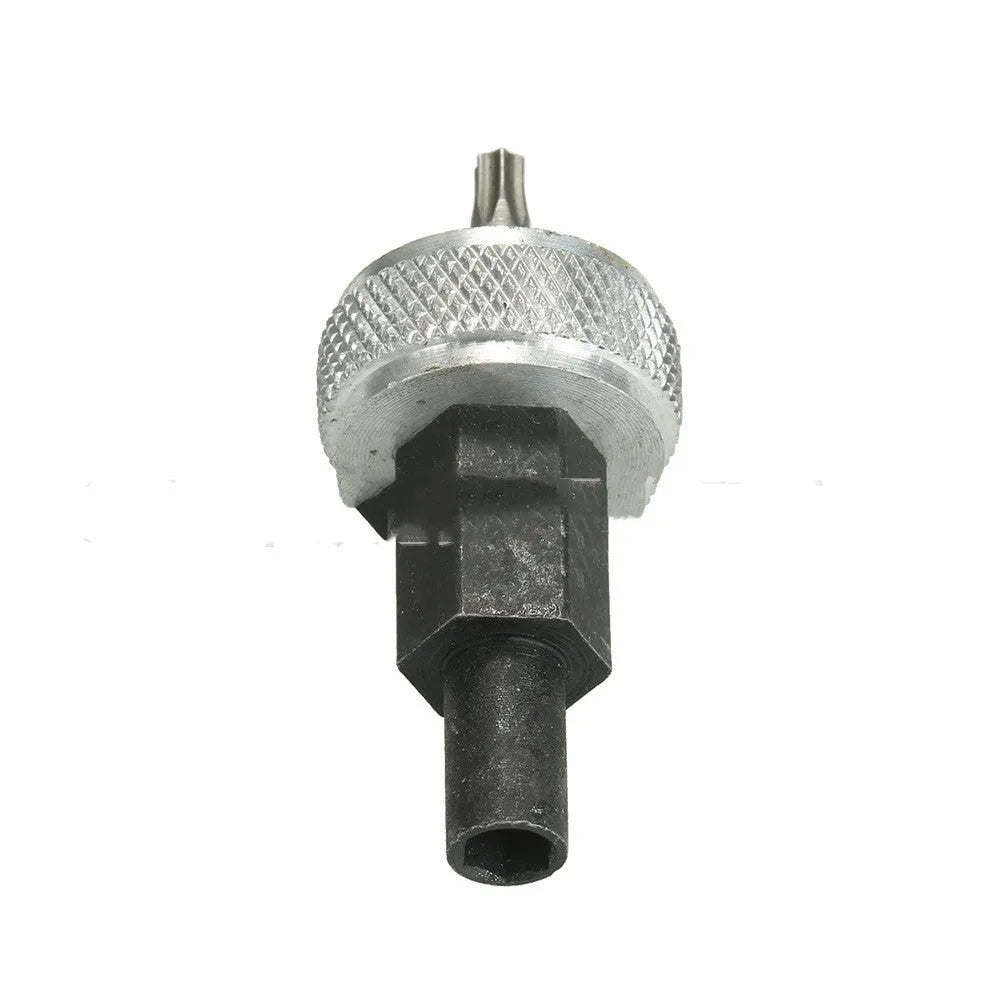 Close-up of a carbon steel ignition module wrench with knurled aluminium knobs, shown with a 7/32" hex bolt.