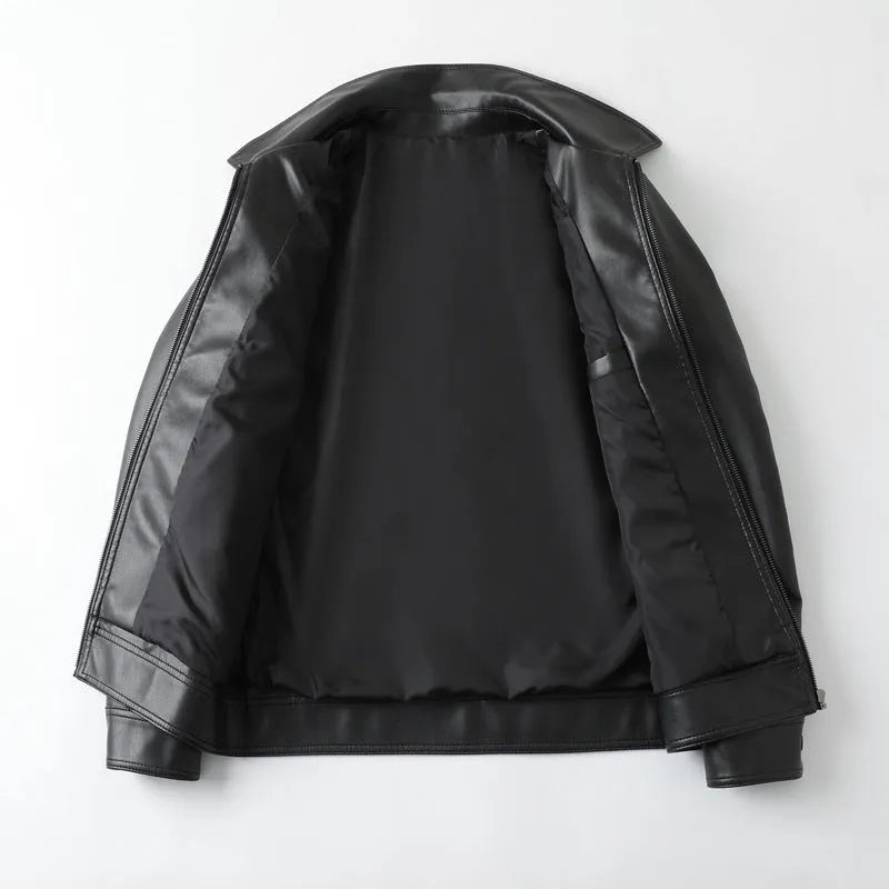Men's black loose fit PU leather casual jacket with zip and pockets
