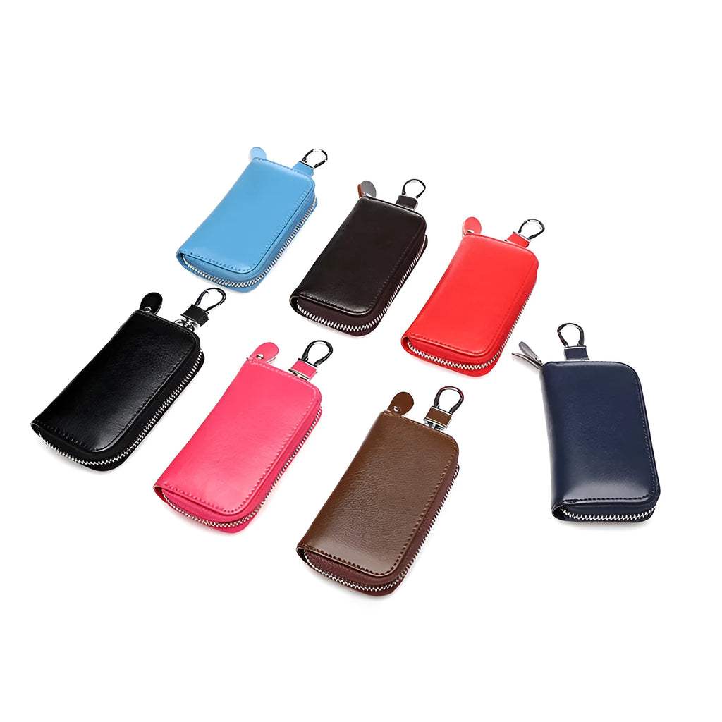 Men's handmade cow split leather zipper key case in solid colour with retro leather pattern
