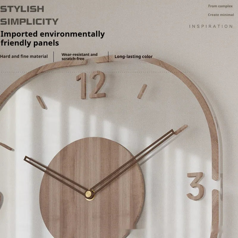 Modern transparent wooden frame wall clock showing 35cm square design with wooden shell