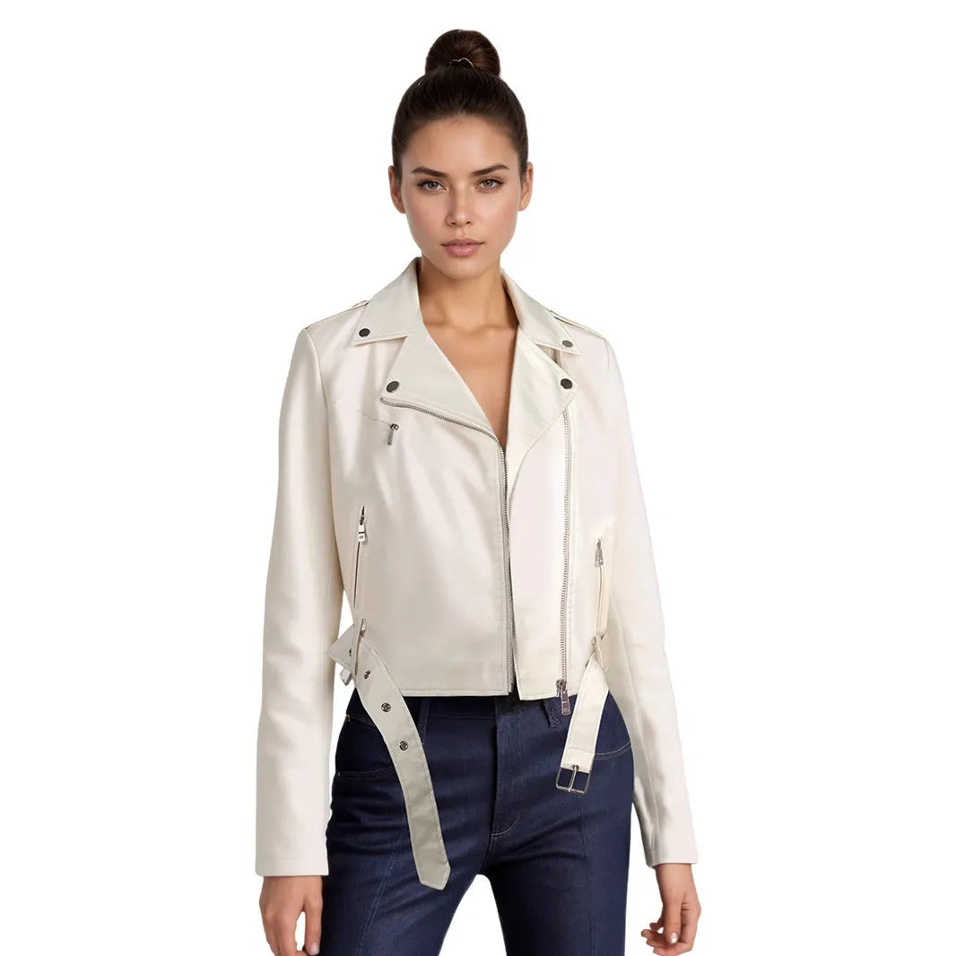 Women's red PU leather jacket with a lapel collar and a short waist belt, laid flat.