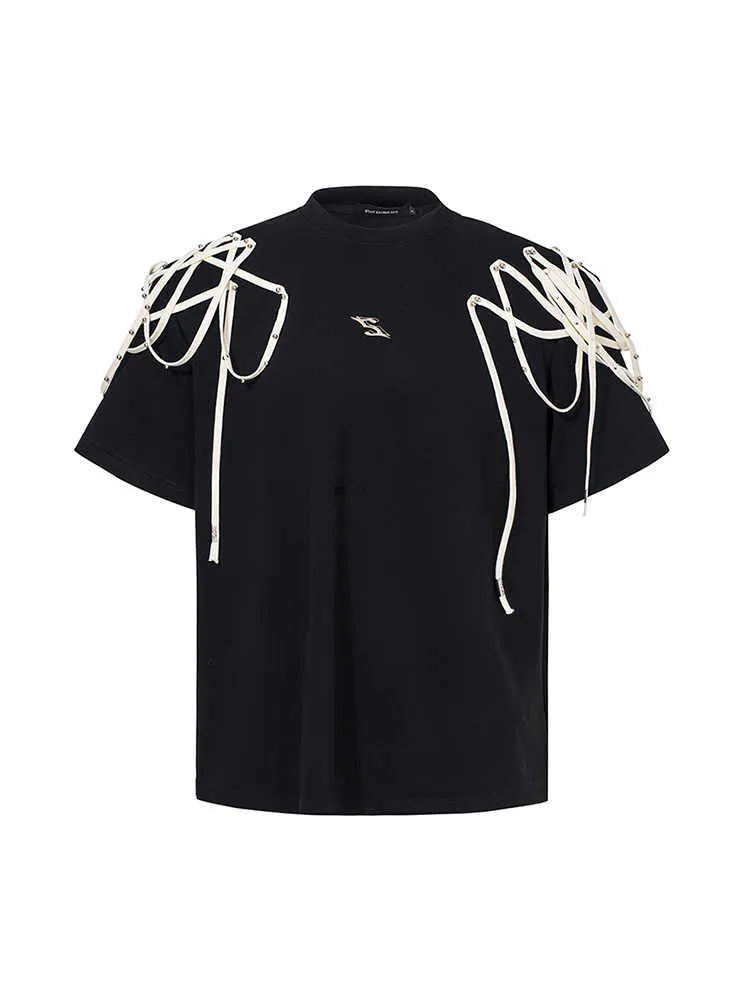 Black loose fit T-shirt with padded shoulders and short sleeves on hanger