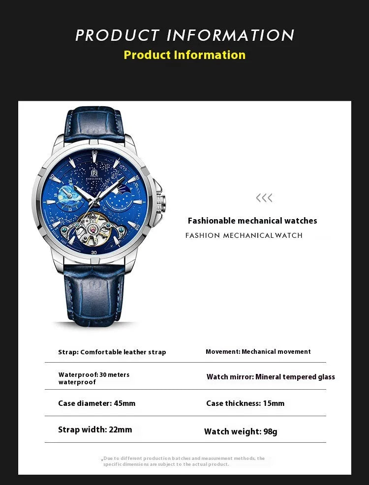 Men's automatic mechanical watch with blue dial and stainless steel bracelet showing exhibition case back