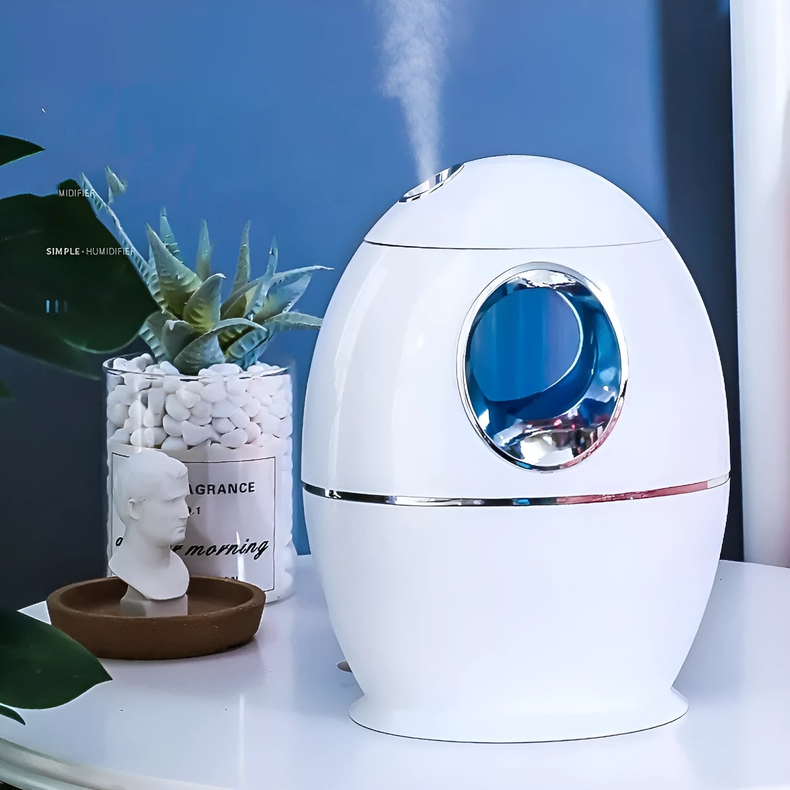 White columnar air disinfection humidifier with USB cable and mechanical control panel