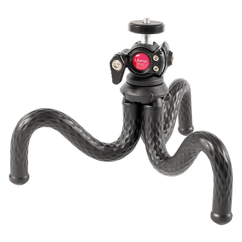 Black octopus leg mobile phone tripod with adjustable height and included phone clip