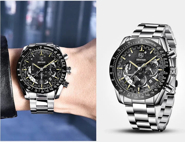Quartz watch luminous display calendar date 45mm stainless steel strap round alloy case mineral glass