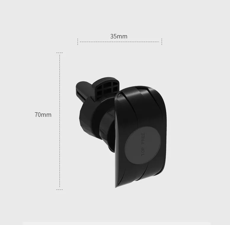 Black car phone holder mounted on vehicle air vent with smartphone