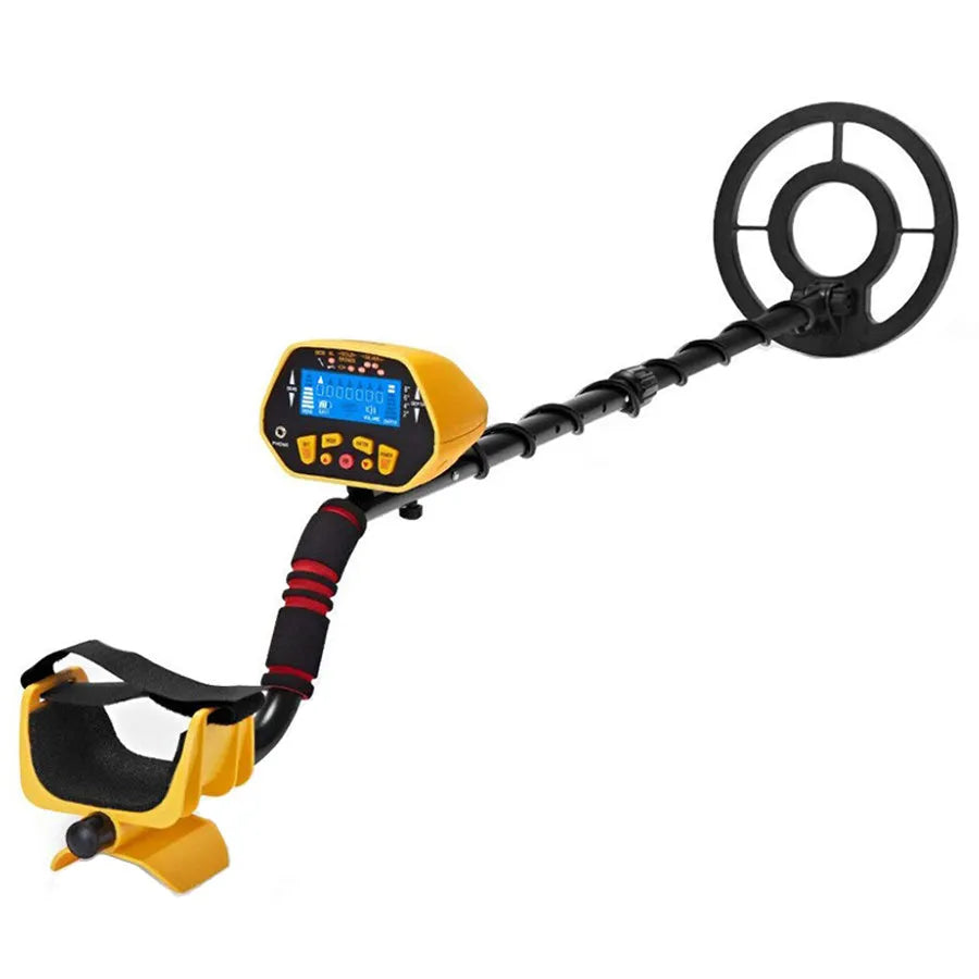 GC1028 black and yellow professional metal detector with LCD screen and waterproof search coil.