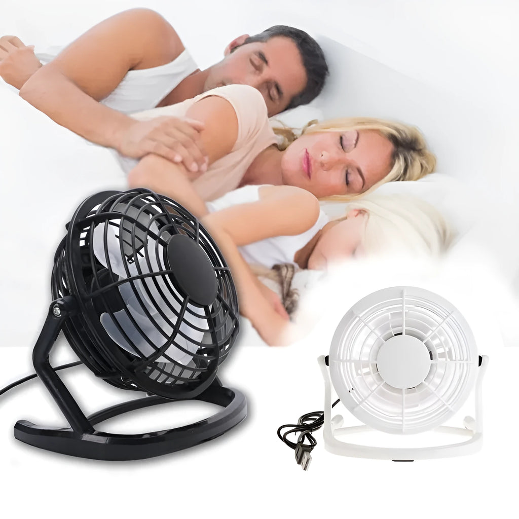 Mini USB desk fan with adjustable angle in black, white, or blue colours for quiet computer cooling