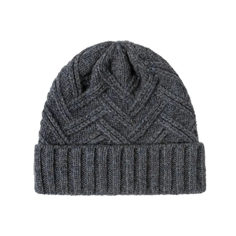 Wool knitted dome crown hat in khaki colour with totem design detail.