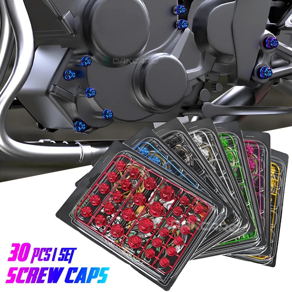 Set of 30 coloured ABS plastic screw caps for motorcycle engine bolt head protection.