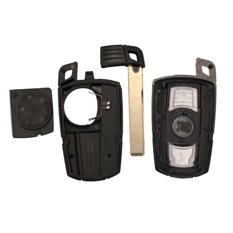 BMW semi-intelligent three-button remote car key fob in metal and plastic.