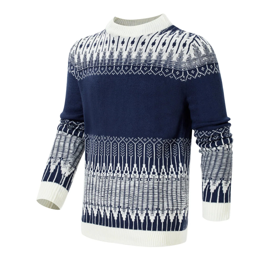 Man wearing a grey knitted crew neck pullover sweater with long sleeves.