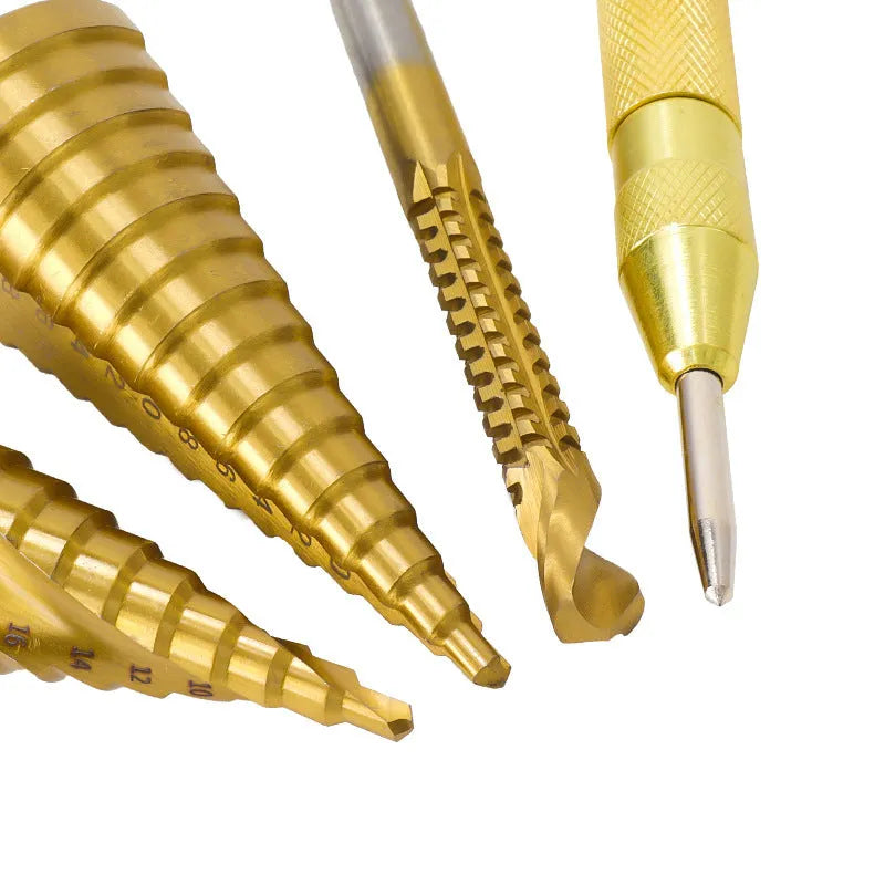 High speed steel cone step drill bits and a centre punch tool set for metal drilling.