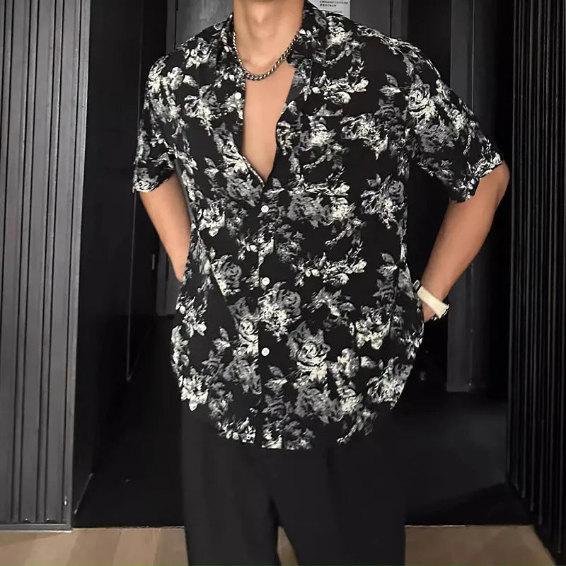 Printed floral short sleeve shirt in loose casual pendant style available in white and black colours