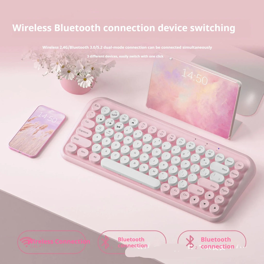 Pink portable Bluetooth keyboard with 84 keys and compact rectangular design