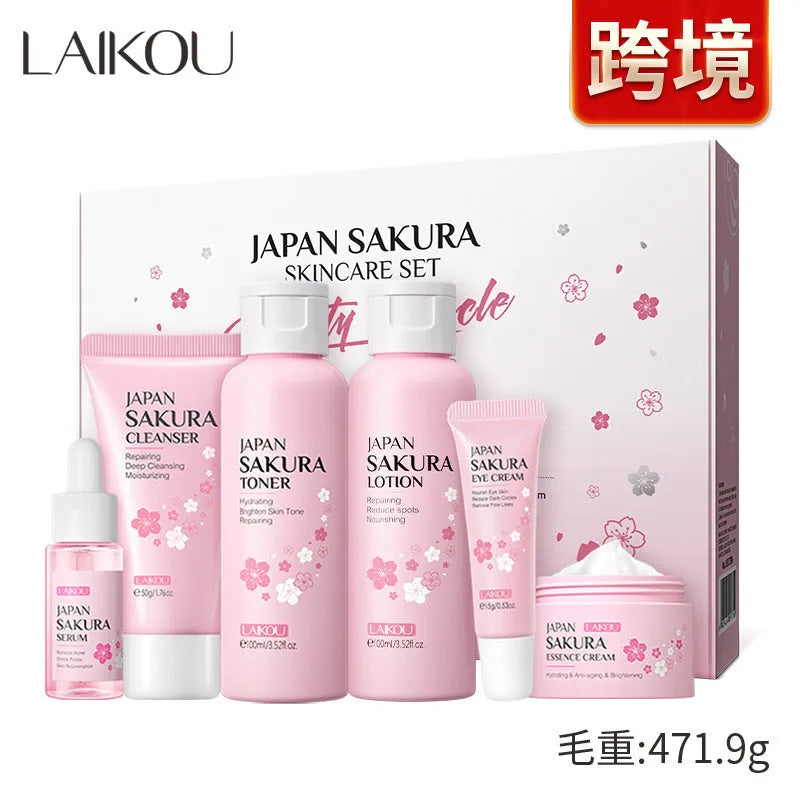 Cherry Blossom 6-piece skin care set with cleanser, toner, cream, essence, eye cream and cream for cleansing and brightening