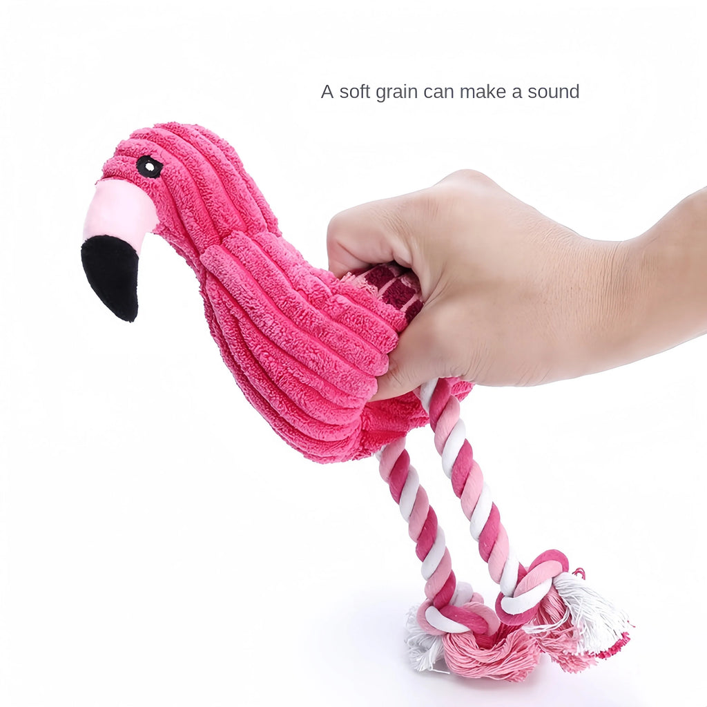 Pink animal-shaped corduroy squeaky dog toy with reinforced stitching