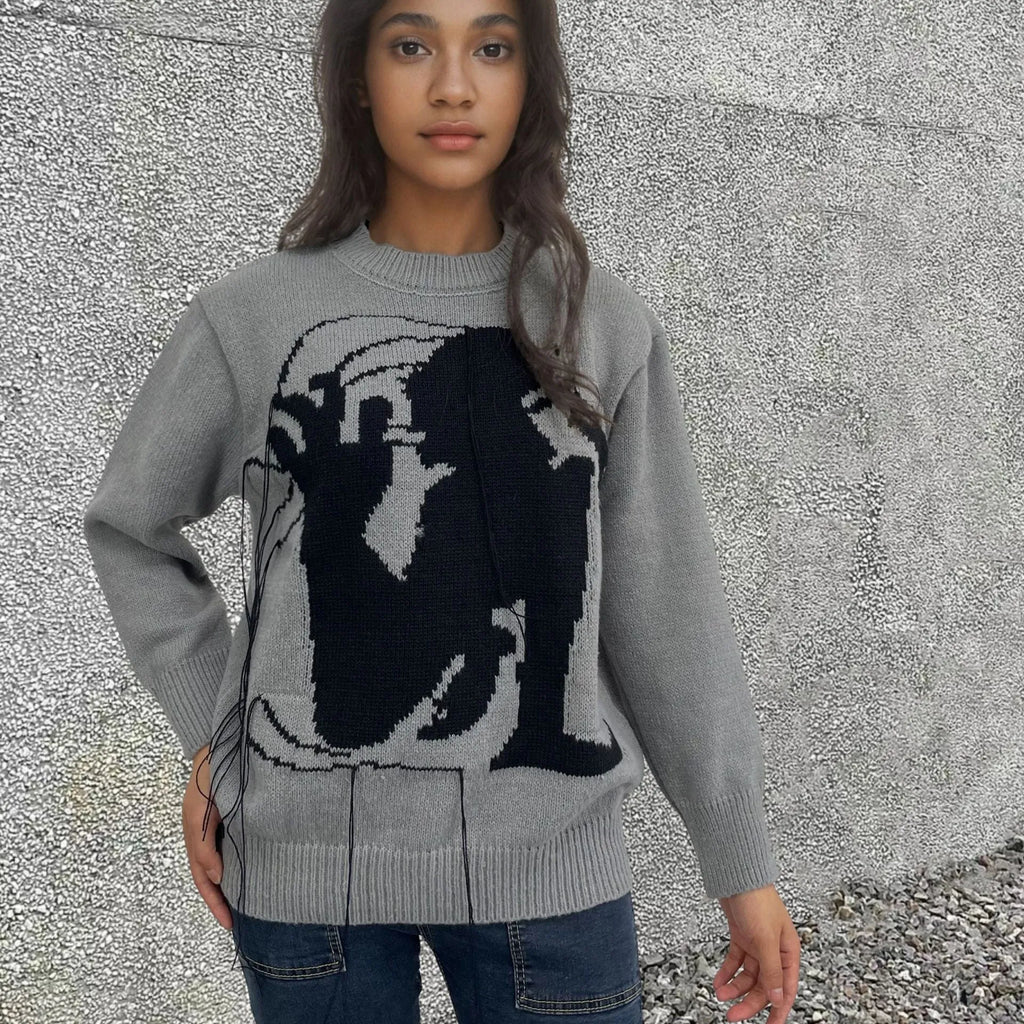 Women's alpaca wool loose fit sweater with tassel design in grey colour