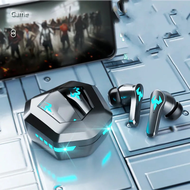 Black Bluetooth in-ear stereo headset with voice control for sports and gaming.
