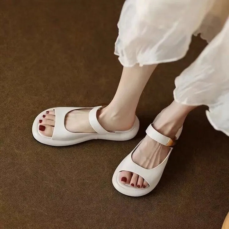 Women's apricot leather platform sandals with peep toe and rubber sole