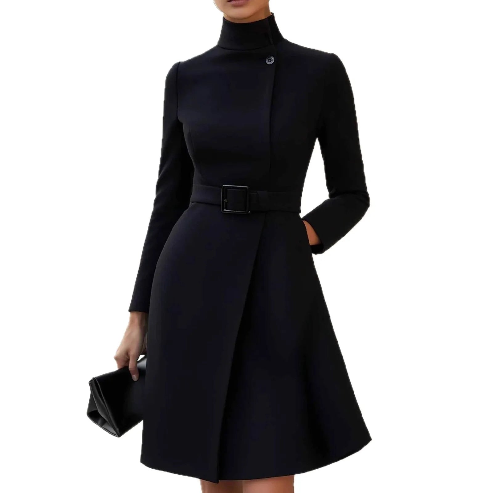 Women's long sleeve Bohemian dress with high waist and stand collar in black